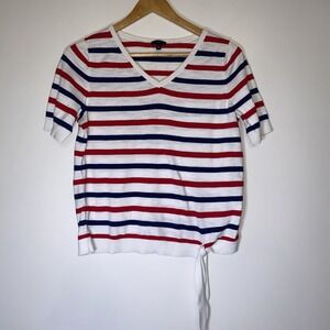 Talbots Petites LP Striped Top Red White Blue V Neck Tie Side Knit Beach Preppy